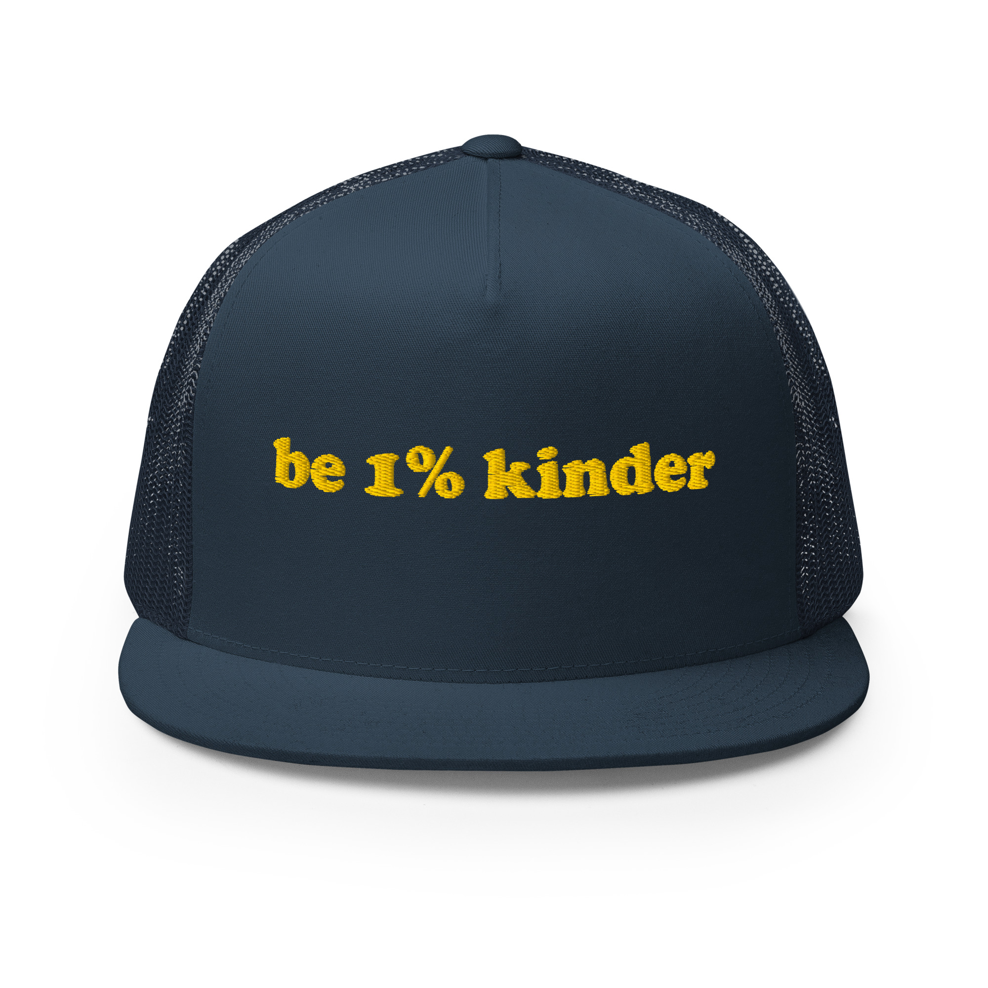5 panel trucker cap navy front be 1% kinder